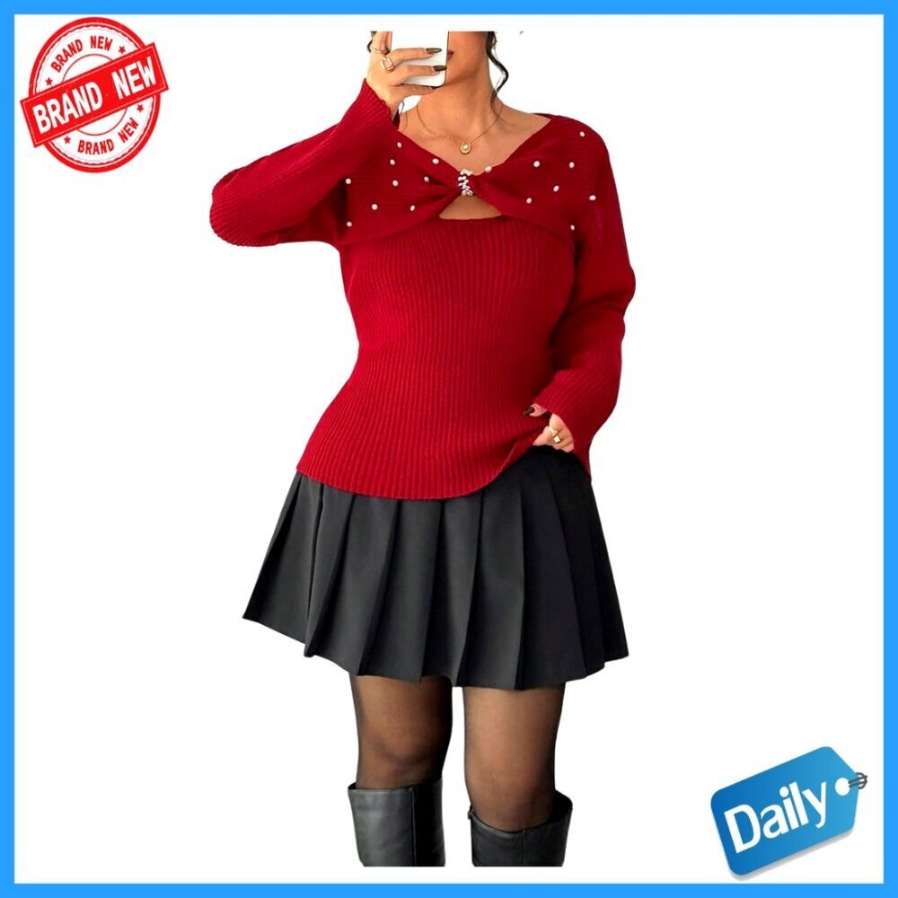 Plus Size Pearl Ribbed Knit Sweater Slim Fit Cut Out Top Long Sleeve